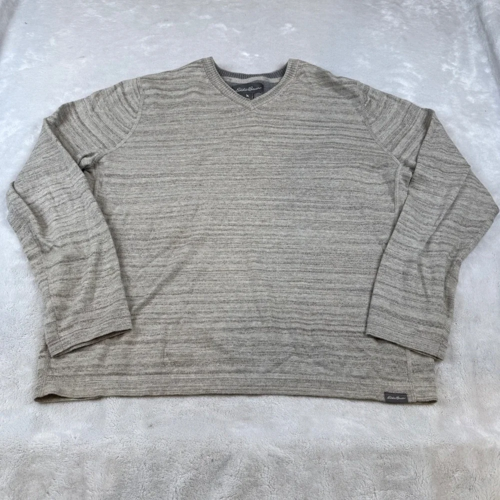 Eddie Bauer Mens Large V-Neck Sweater Tan Grey Cotton Merino Wool Blend L/S‎